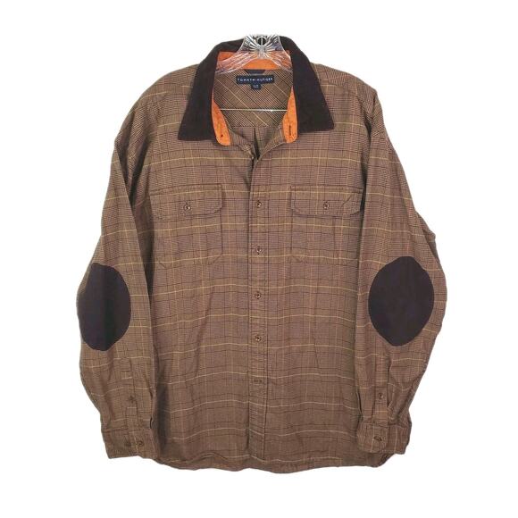 Vtg Y2k Tommy Hilfiger Houndstooth Plaid Shirt Elbow Patches Button Sz XL Brown - Picture 1 of 14
